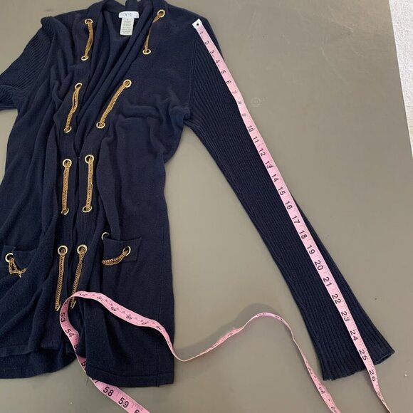 Cache Womens M Cardigan Sweater Navy Blue Gold Chain Nautical Quiet Luxury Knit - Picture 13 of 16